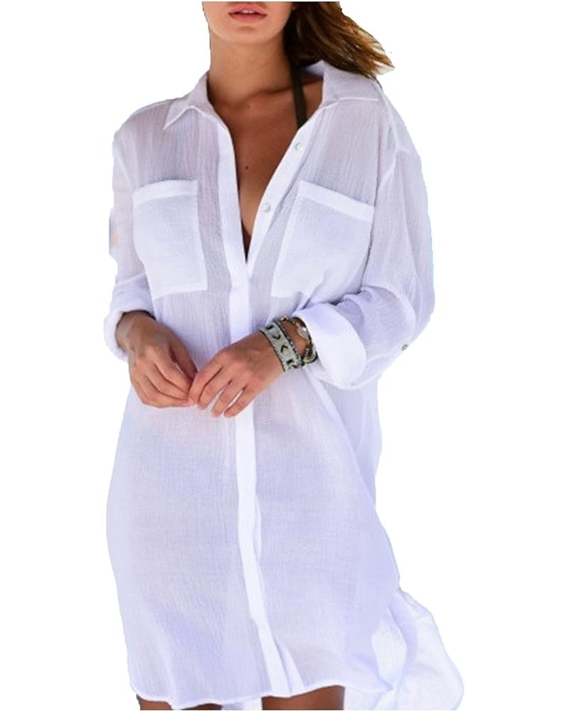 Beach Swimsuit for Women Sleeve Coverups Bikini Cover Up Pocket White $12.97 Swimsuits