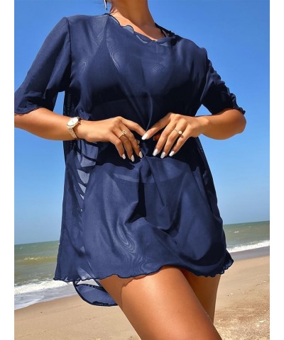 Women's Mesh Bathing Suit Cover Ups Ripped See Through Swimsuit Short Beach Dress Sexy Beachwear Swimwear Plain Navy Blue $12...