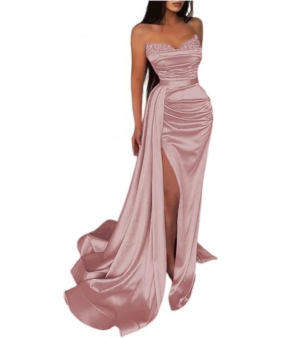 Women's Prom Dresses with Slit Strapless Sparkly Mermaid Pleated Beading Stain Formal Evening Gowns Dusty Rose $33.21 Dresses