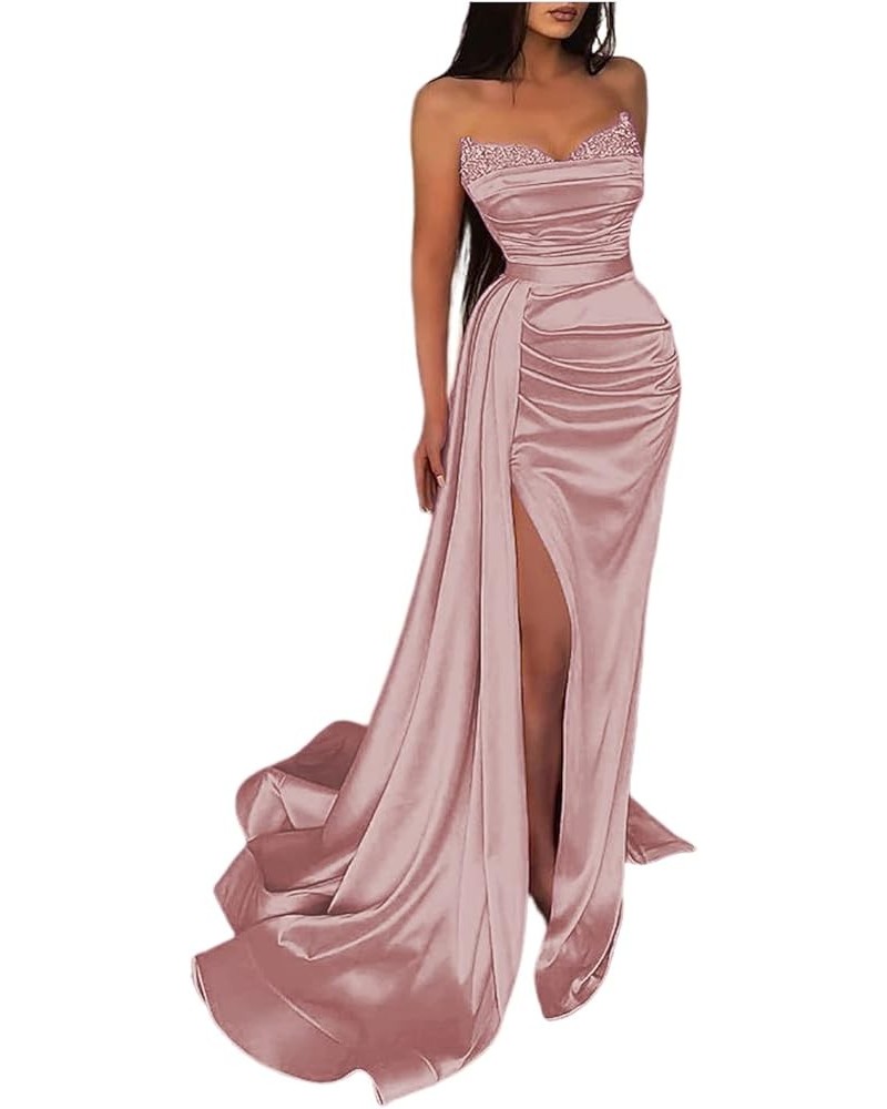 Women's Prom Dresses with Slit Strapless Sparkly Mermaid Pleated Beading Stain Formal Evening Gowns Dusty Rose $33.21 Dresses