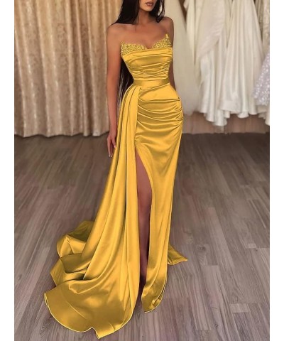 Women's Prom Dresses with Slit Strapless Sparkly Mermaid Pleated Beading Stain Formal Evening Gowns Dusty Rose $33.21 Dresses