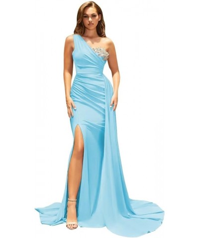 One Shoulder Bridesmaid Dresses Slit Mermaid Bodycon Prom Dress Long Formal Evening Gowns Sky Blue $40.67 Dresses