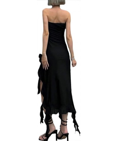 Sexy Maxi Dresses for Women Bodycon Floral Tassels Sheer Mesh Long Dress Strapless High Split Cocktail Summer Dresses D-black...