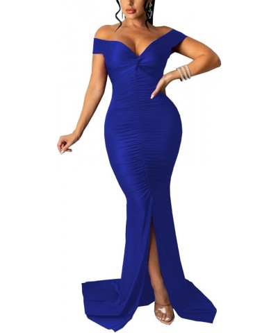 Women's Sexy Off Shoulder Dress V Neck High Split Long Formal Party Maxi Floor Dresses Evening Gown 1royal Blue $18.06 Dresses