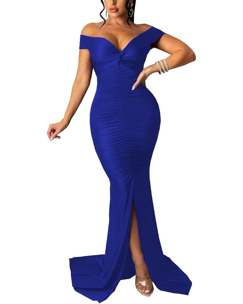 Women's Sexy Off Shoulder Dress V Neck High Split Long Formal Party Maxi Floor Dresses Evening Gown 1royal Blue $18.06 Dresses