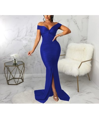 Women's Sexy Off Shoulder Dress V Neck High Split Long Formal Party Maxi Floor Dresses Evening Gown 1royal Blue $18.06 Dresses