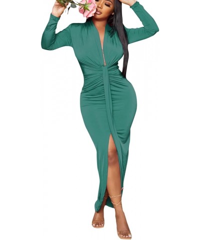 Women's Sexy Deep V Neck Maxi Dress Long Sleeve Front Split Ruched Evening Party Dress C-turquoise $24.18 Dresses