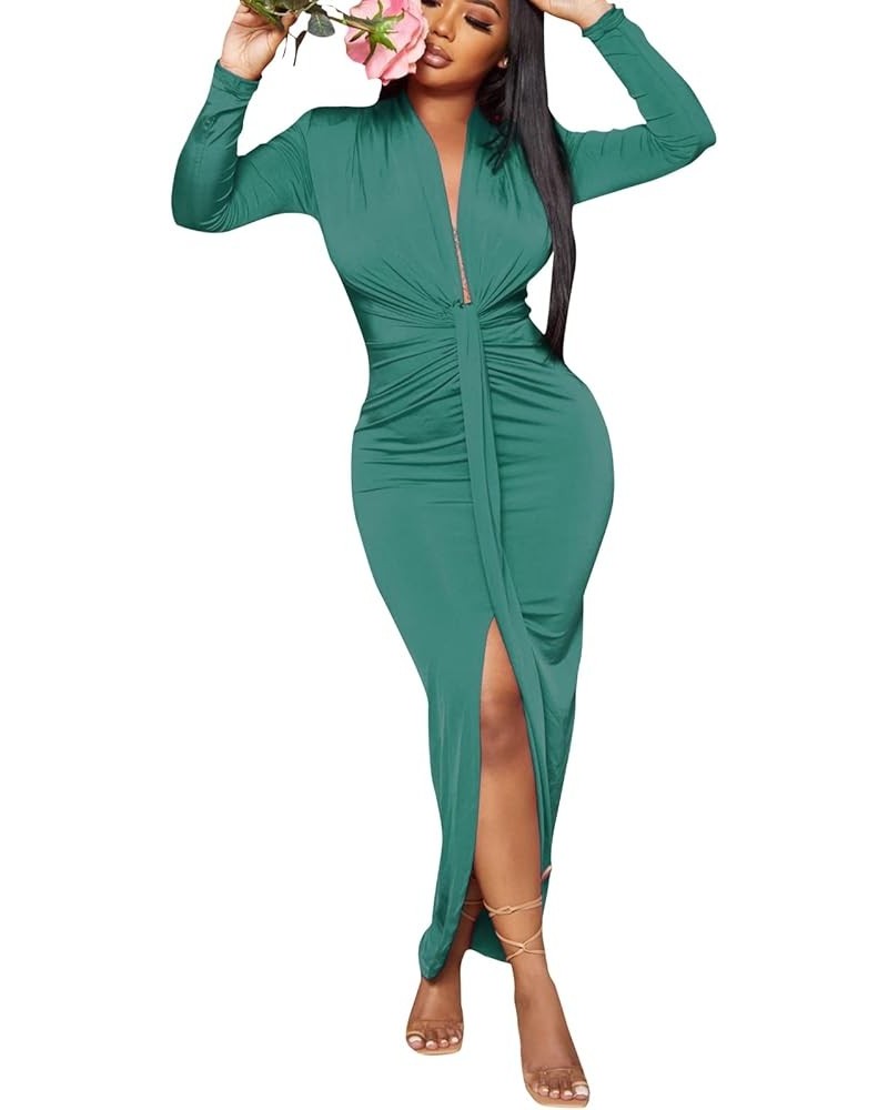 Women's Sexy Deep V Neck Maxi Dress Long Sleeve Front Split Ruched Evening Party Dress C-turquoise $24.18 Dresses