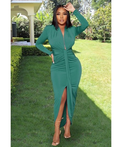 Women's Sexy Deep V Neck Maxi Dress Long Sleeve Front Split Ruched Evening Party Dress C-turquoise $24.18 Dresses