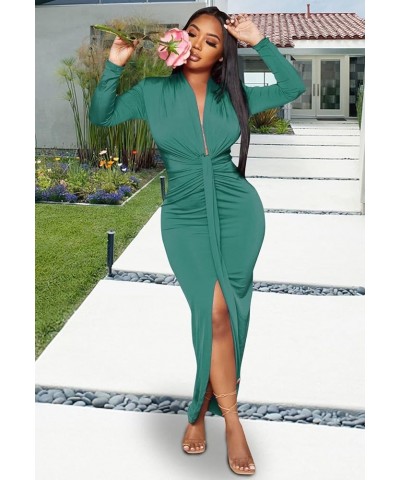 Women's Sexy Deep V Neck Maxi Dress Long Sleeve Front Split Ruched Evening Party Dress C-turquoise $24.18 Dresses