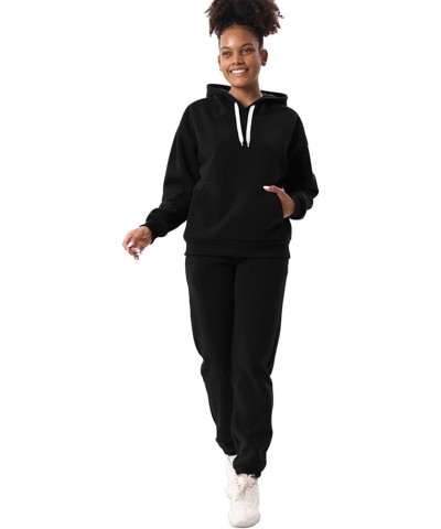 Women 2 Piece Outfits Fleece Sweatsuits Tracksuits Lounge Pullover Hoodie Sets with Pockets 205-black $10.78 Activewear