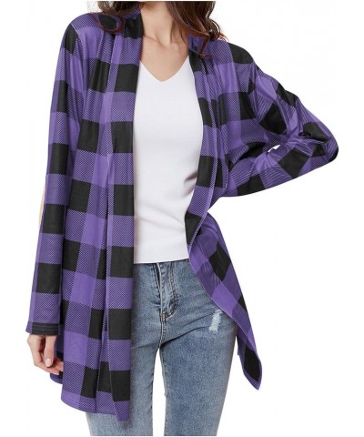 Women's Long Sleeve Open Front Cardigan Buffalo Plaid Knitted Tops Shirts Xa-purple $9.85 Sweaters