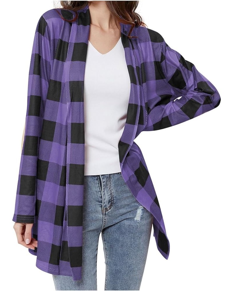 Women's Long Sleeve Open Front Cardigan Buffalo Plaid Knitted Tops Shirts Xa-purple $9.85 Sweaters