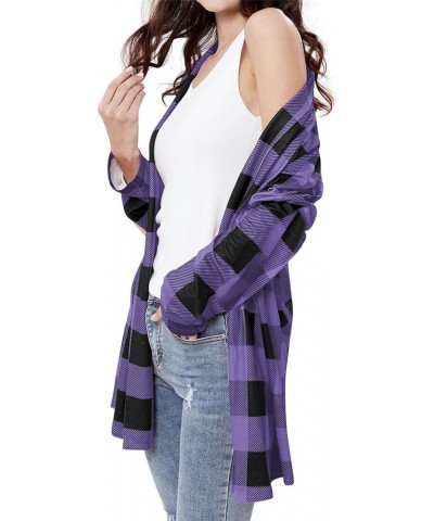 Women's Long Sleeve Open Front Cardigan Buffalo Plaid Knitted Tops Shirts Xa-purple $9.85 Sweaters