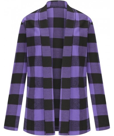 Women's Long Sleeve Open Front Cardigan Buffalo Plaid Knitted Tops Shirts Xa-purple $9.85 Sweaters