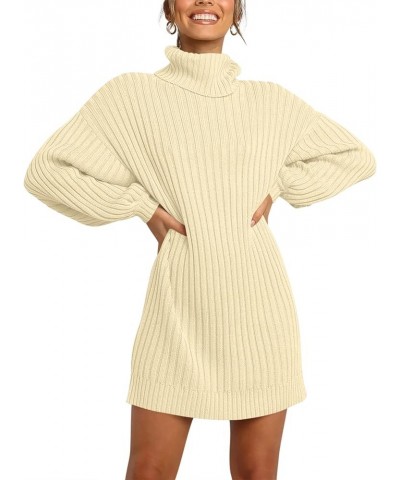 Women Turtleneck Long Lantern Sleeve Casual Loose Oversized Sweater Dress Soft Winter Pullover Dresses Light Apricot $23.65 S...