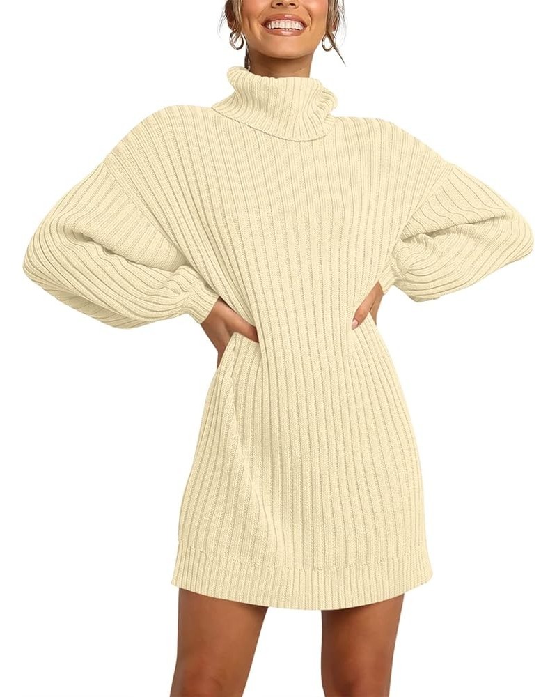 Women Turtleneck Long Lantern Sleeve Casual Loose Oversized Sweater Dress Soft Winter Pullover Dresses Light Apricot $23.65 S...