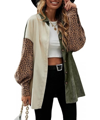 Women's Corduroy Shacket Jacket Color Block Leopard Long Sleeve Shirt Coat Green Multi $16.56 Jackets