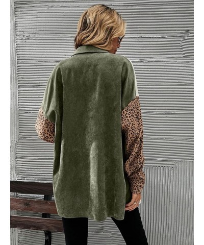 Women's Corduroy Shacket Jacket Color Block Leopard Long Sleeve Shirt Coat Green Multi $16.56 Jackets