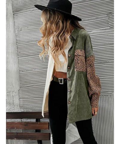 Women's Corduroy Shacket Jacket Color Block Leopard Long Sleeve Shirt Coat Green Multi $16.56 Jackets