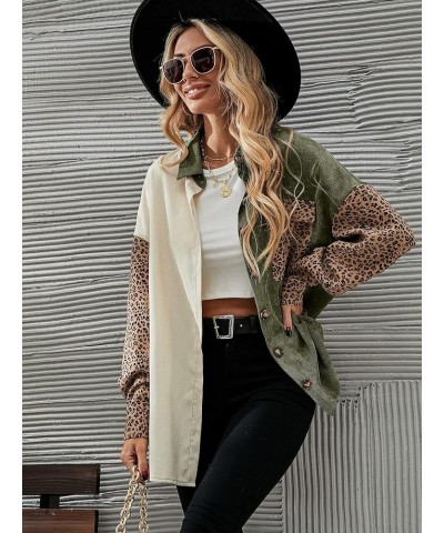 Women's Corduroy Shacket Jacket Color Block Leopard Long Sleeve Shirt Coat Green Multi $16.56 Jackets