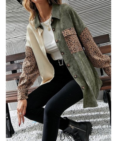 Women's Corduroy Shacket Jacket Color Block Leopard Long Sleeve Shirt Coat Green Multi $16.56 Jackets