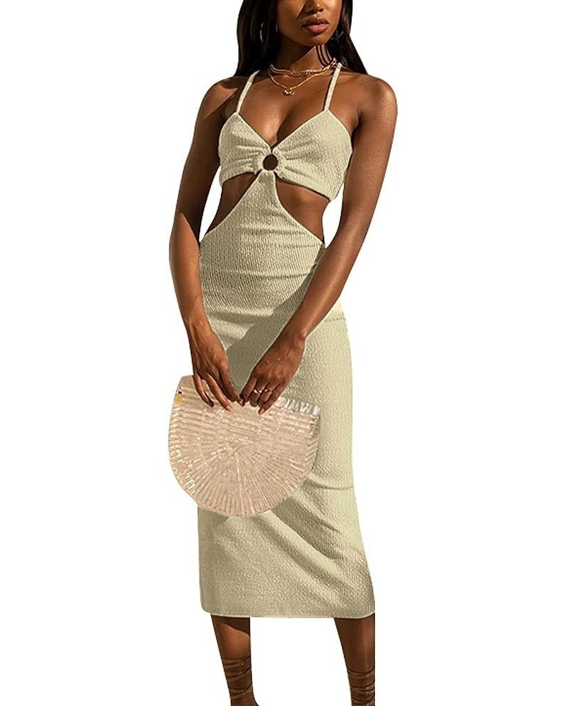 Women Spaghetti Straps Knitted Maxi Dresses Elegant Sexy Party Cut Out Backless Bodycon Slim Dress Mid-calf Beige $10.25 Dresses