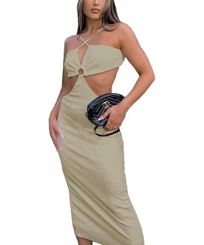 Women Spaghetti Straps Knitted Maxi Dresses Elegant Sexy Party Cut Out Backless Bodycon Slim Dress Mid-calf Beige $10.25 Dresses