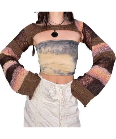 Women Crochet Super Crop Tops Y2k Long Sleeve Patchwork Shrug Sweater Short Knitwear Coverup Tee Streetwear Crochet Stripe $1...