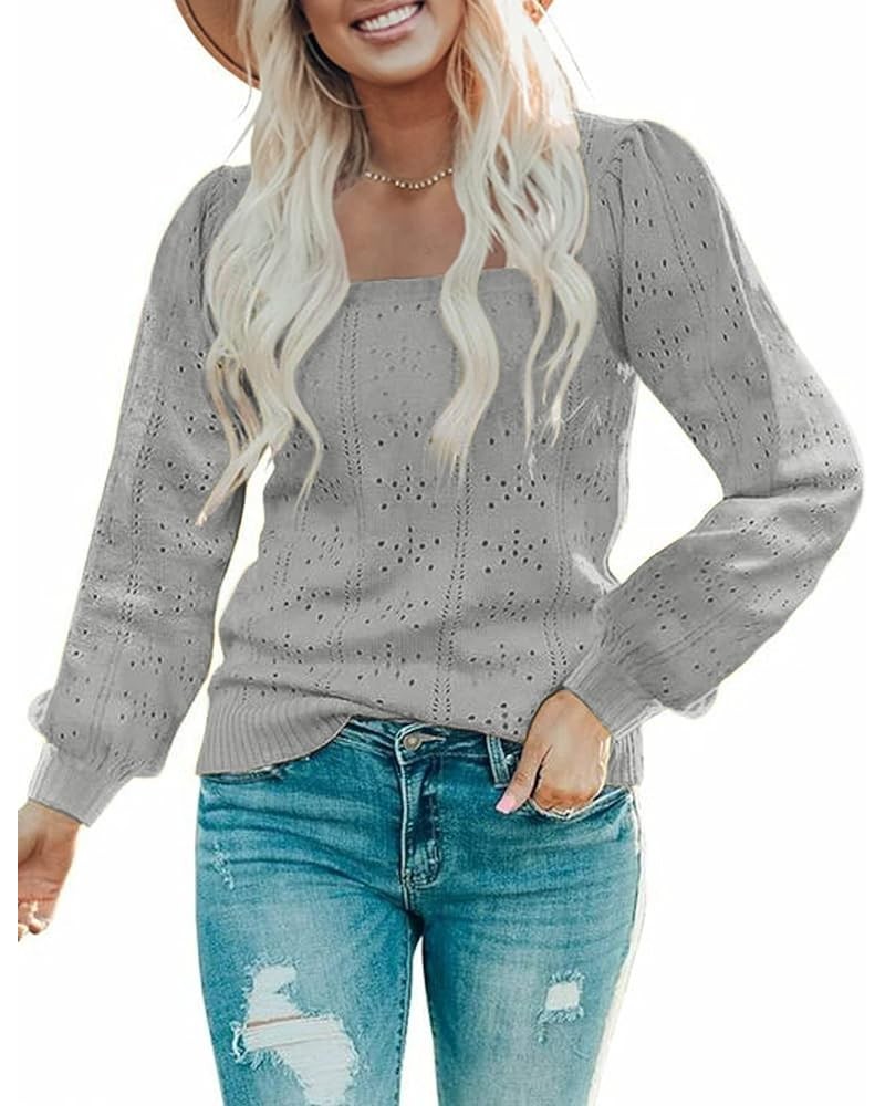 Womens Sweaters 2024 Fashion Trendy Puff Sleeve Casual Knit Square Neck Soft Cute Pullover Tunic Tops 02-light Grey $24.29 Sw...