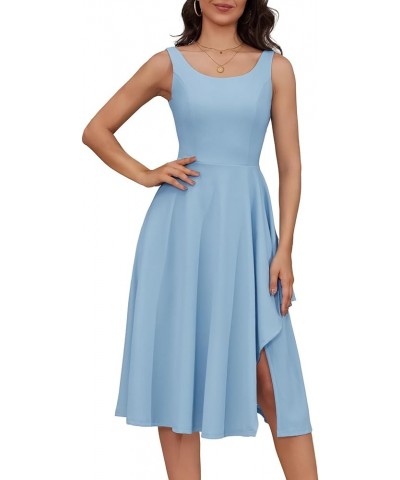 Women Sleeveless Ruffle Crew Neck Dress Split Flowy Wedding Guest A Line Irregular Hem Semi Formal Midi Dress Blue $18.90 Dre...