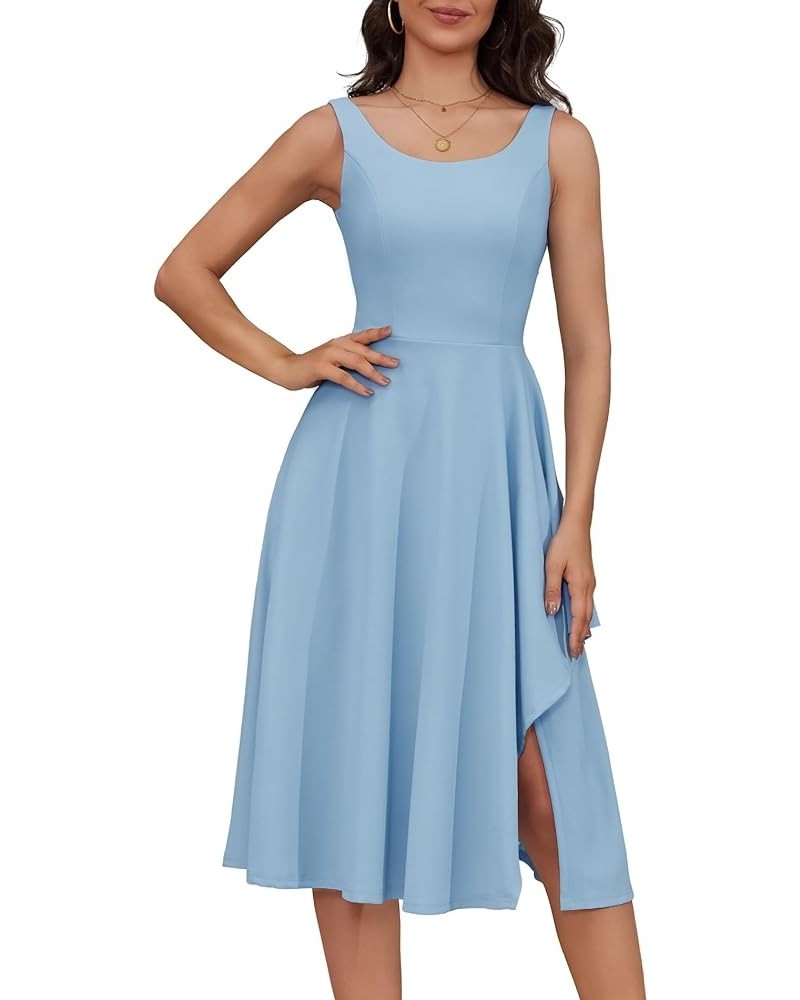 Women Sleeveless Ruffle Crew Neck Dress Split Flowy Wedding Guest A Line Irregular Hem Semi Formal Midi Dress Blue $18.90 Dre...