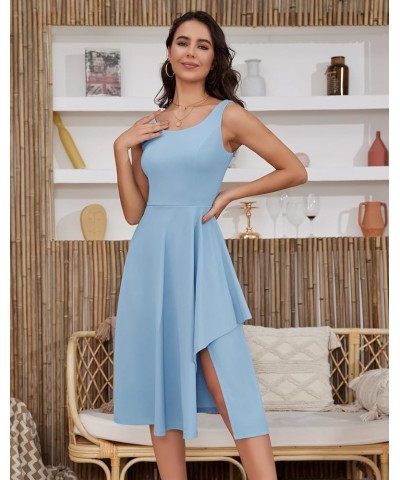 Women Sleeveless Ruffle Crew Neck Dress Split Flowy Wedding Guest A Line Irregular Hem Semi Formal Midi Dress Blue $18.90 Dre...