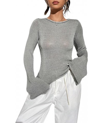 Women's Crochet Sweaters Flare Long Sleeve Crewneck Sheer Mesh Sweater Tops Grey $16.00 Sweaters