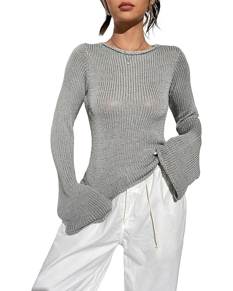 Women's Crochet Sweaters Flare Long Sleeve Crewneck Sheer Mesh Sweater Tops Grey $16.00 Sweaters