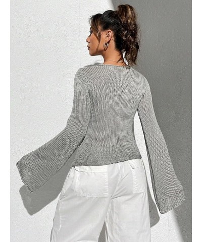 Women's Crochet Sweaters Flare Long Sleeve Crewneck Sheer Mesh Sweater Tops Grey $16.00 Sweaters