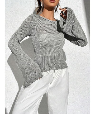 Women's Crochet Sweaters Flare Long Sleeve Crewneck Sheer Mesh Sweater Tops Grey $16.00 Sweaters