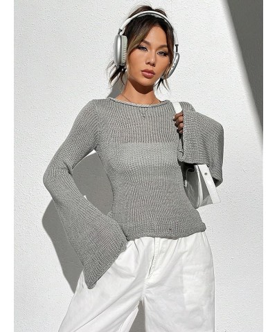 Women's Crochet Sweaters Flare Long Sleeve Crewneck Sheer Mesh Sweater Tops Grey $16.00 Sweaters