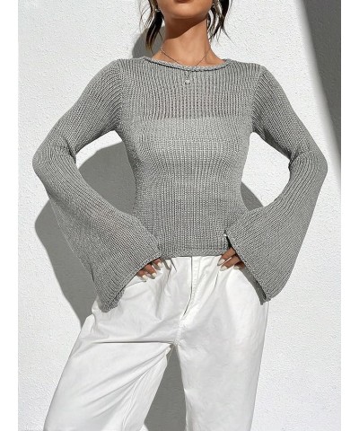 Women's Crochet Sweaters Flare Long Sleeve Crewneck Sheer Mesh Sweater Tops Grey $16.00 Sweaters