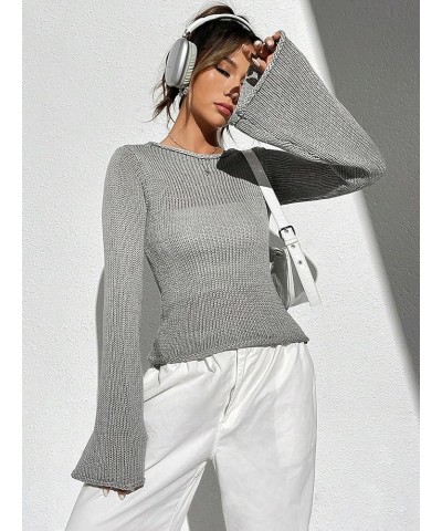 Women's Crochet Sweaters Flare Long Sleeve Crewneck Sheer Mesh Sweater Tops Grey $16.00 Sweaters