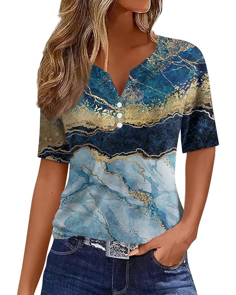 Womens Tops Henley Neck Buttons Sexy Shirts Short Sleeve Dressy Blouses 2024 Geometric Print Sweatshirts Clothes U50-blue $10...