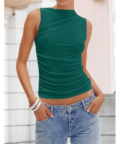 Womens Mesh Tank Top 2024 Summer Sleeveless High Neck Ruched Slim Fitted Casual Tee Shirts Tealgreen $10.39 Tanks