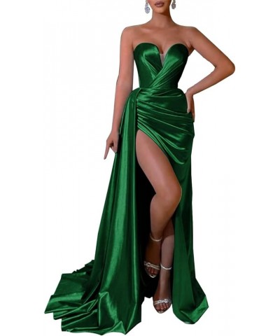 Strapless Satin Prom Dress for Women Sweetheart Wedding Party Dresses Pleats Ruching Evening Gown with Train Emerald Green $3...