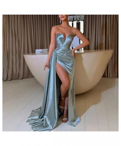 Strapless Satin Prom Dress for Women Sweetheart Wedding Party Dresses Pleats Ruching Evening Gown with Train Emerald Green $3...