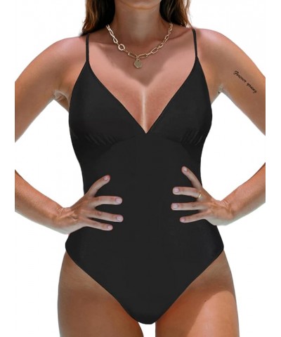 Women's V Neck Front Cross One Piece Swimsuit Halter Tie Back Bathing Suit Black a $12.69 Swimsuits