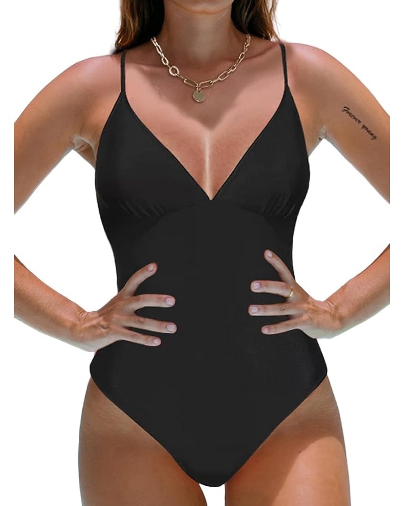 Women's V Neck Front Cross One Piece Swimsuit Halter Tie Back Bathing Suit Black a $12.69 Swimsuits