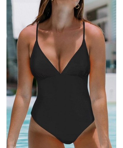 Women's V Neck Front Cross One Piece Swimsuit Halter Tie Back Bathing Suit Black a $12.69 Swimsuits