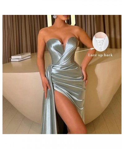 Strapless Satin Prom Dress for Women Sweetheart Wedding Party Dresses Pleats Ruching Evening Gown with Train Emerald Green $3...