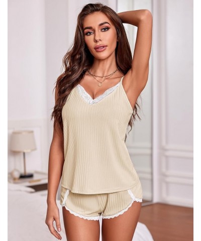 Womens Pajama Sets Soft Lingerie Sleepwear 2 Piece Cami Shorts Set V Neck Pj Lace Nightwear Beige $10.89 Sleep & Lounge