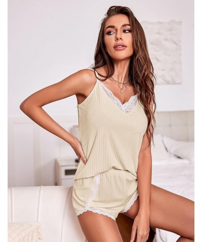 Womens Pajama Sets Soft Lingerie Sleepwear 2 Piece Cami Shorts Set V Neck Pj Lace Nightwear Beige $10.89 Sleep & Lounge